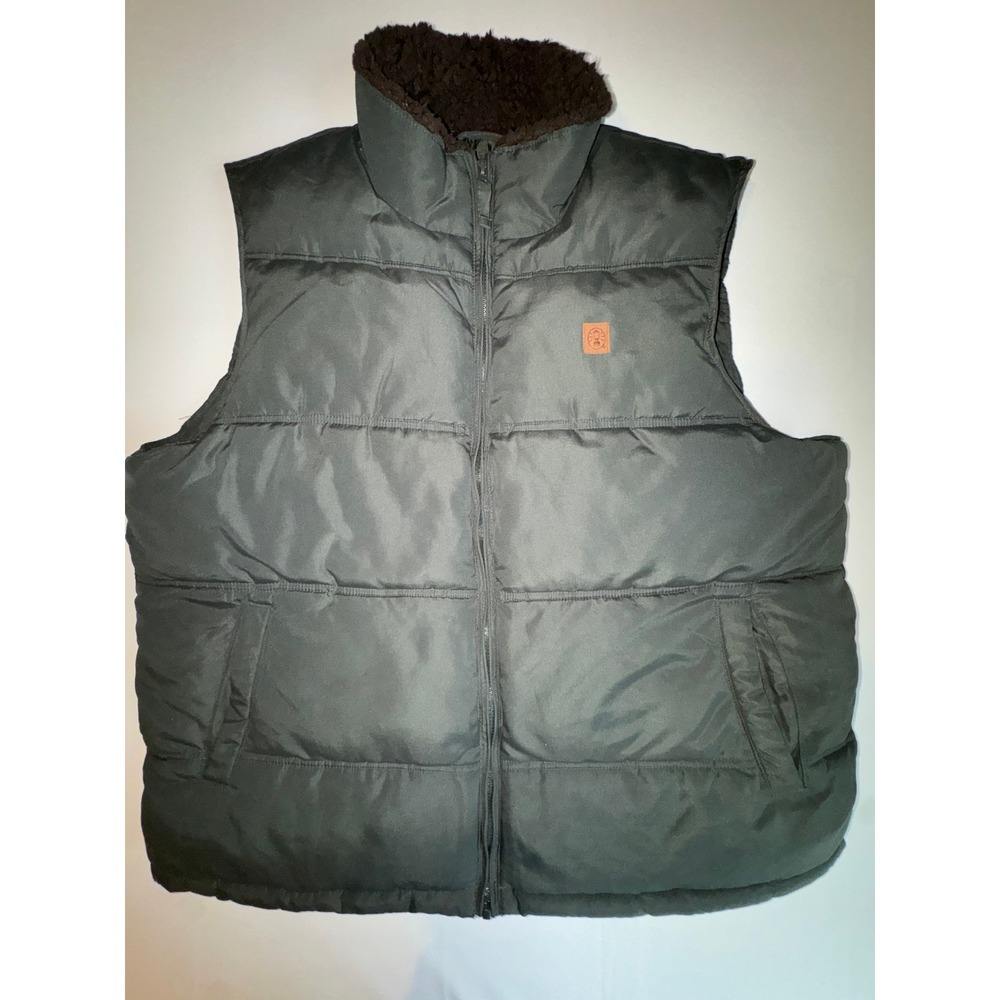 Coleman Mens XL Olive Green‎ Puffer Vest Faux Fur Sherpa Collar Full Zip Quilted